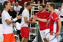 Aktéři nejdelšího zápasu v historii Davisova poháru Tomáš Berdych, Lukas Rosol, Stanislas Wawrinka a Marco Chiudinelli.