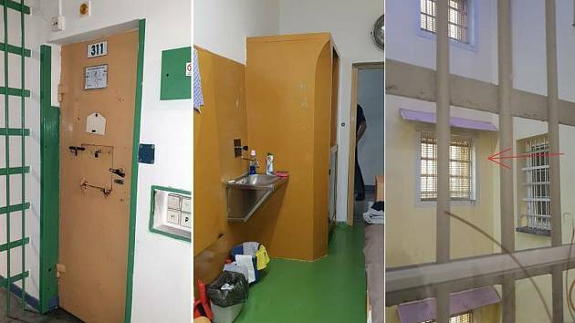 Vězeňská služba označila 7. ledna 2020 podmínky odsouzeného Davida Ratha v teplické věznici za standardní. Na kombinovaném snímku jsou zleva dveře Rathovy cely, její interiér a okno cely