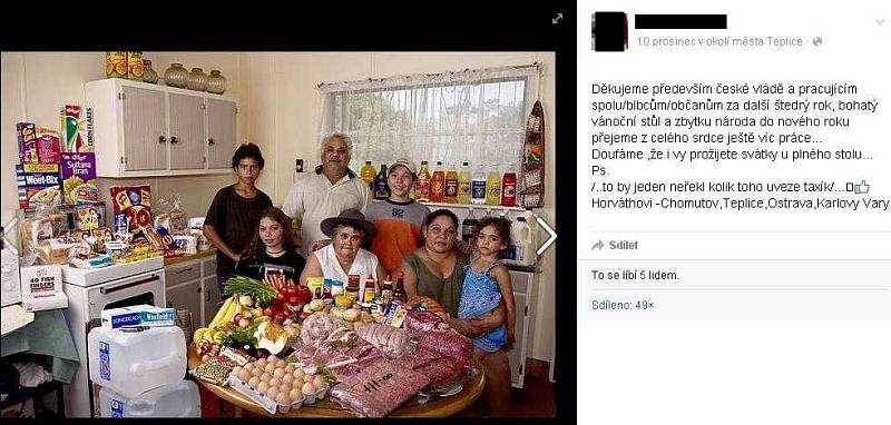 Zmanipulovaná fotografie, na níž má údajně být romská rodina s vánočními nákupy, pocházela z článku o tom, kolik stojí jídlo na týden pro celou rodinu v různých státech světa, a na snímku byla rodina z Austrálie.
