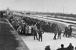 Židé z Podkarpatské Rusi, tehdejší části Maďarska, čekají na selekci na rampě v táboře Osvětim II-Birkenau