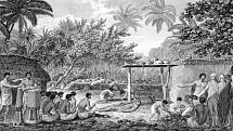 Ilustrace zobrazující Jamese Cooka, pozorujícího obětování člověka domorodci na Tahiti.