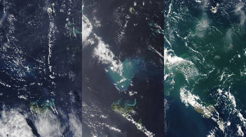 Pohyby pevniny a změny rozlohy souostroví Tonga po erupci podmořského vulkánu.