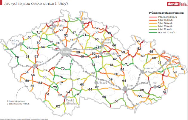 Mapa průměrných rychlostí na všech silnicích 1. třídy v Česku