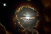 Umělecká představa nejstarší známé diskové galaxie, která se zřejmě rozzářila už půldruhé miliardy let po Velkém třesku
