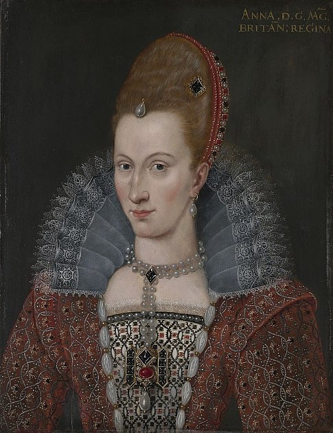 Manželka krále Jakuba VI. (syna Marie Stuartovny) Anna Dánská vyobrazena velmi pravděpodobně s náhrdelníkem s kamenem známým jako Velký H. Stejný měla možná na sobě Marie Stuartovna při své první svatbě.