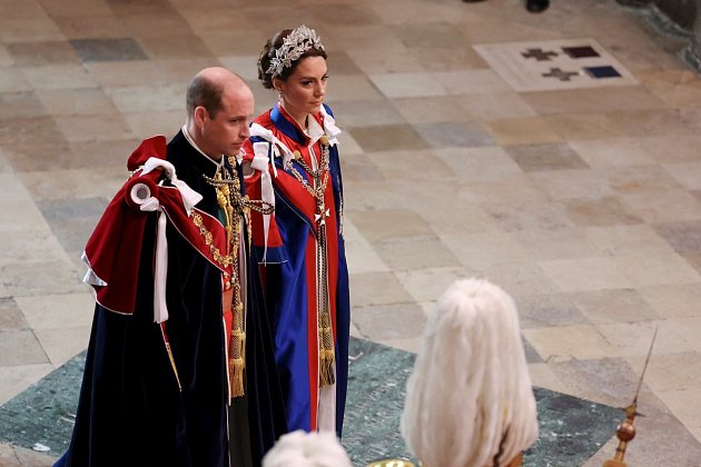 Britský princ William a Kate, princezna z Walesu na korunovačním ceremoniálu britského krále Karla III. a královny manželky Camilly ve Westminsterském opatství v Londýně.