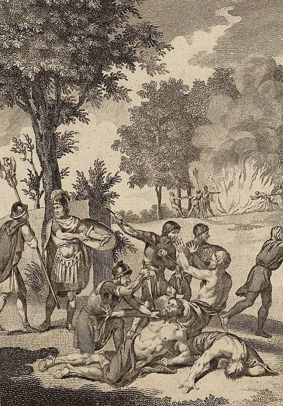 Římané vraždí druidy a vypalují jejich háje, kresba z ze souboru osmi ilustrovaných svazků Cesty po Walesu od Thomase Pennanta (1726–1798)
