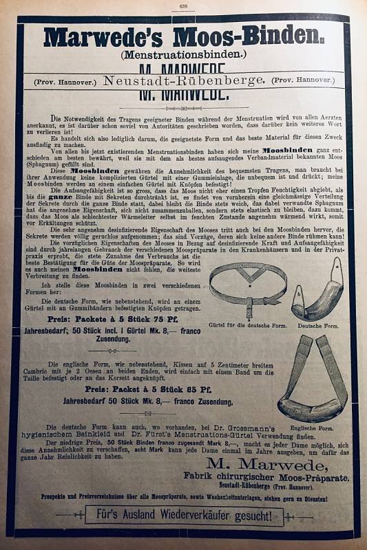 Reklama na hygienické vložky z mechu z roku 1890, publikovaná v Časopise pro ženy v domácnosti