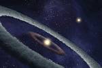 Množství planetesimál (vnitřní hnědý prstenec) obíhající kolem mladé hvězdy. Umělecká představa