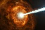 Umělecká představa události GRB 190114C, tedy exploze gama záblesku z galaxie vzdálené 4,5 miliardy světelných let, nacházející se poblíž souhvězdí Fornax. Událost byla zaznamenána v lednu 2019