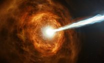 Umělecká představa události GRB 190114C, tedy exploze gama záblesku z galaxie vzdálené 4,5 miliardy světelných let, nacházející se poblíž souhvězdí Fornax. Událost byla zaznamenána v lednu 2019