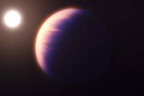 Webbův teleskop zachytil první důkaz oxidu uhličitého na exoplanetě. Na snímku vizualizace exoplanety WASP-39b.