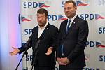 Lídři SPD Tomio Okamura a Radim Fiala předstoupili před novináře se svým hodnocením skončených voleb.