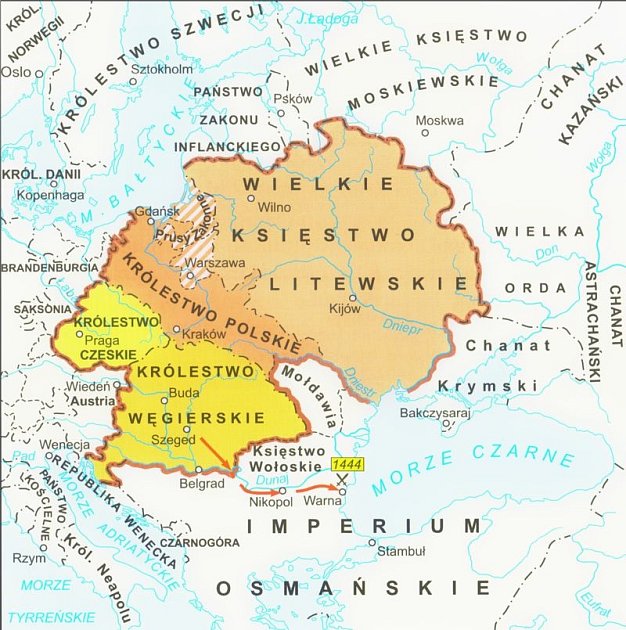 Země pod vládou Jagellonců (Čechy, Uhersko, Polsko a Litva) na konci 15. století