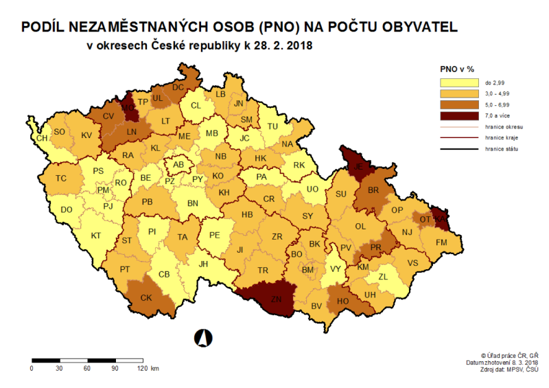 Míra únorové nezaměstnanosti podle okresů