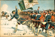 Pruský velitel vede v bitvě u Molvic pěchotu do útoku