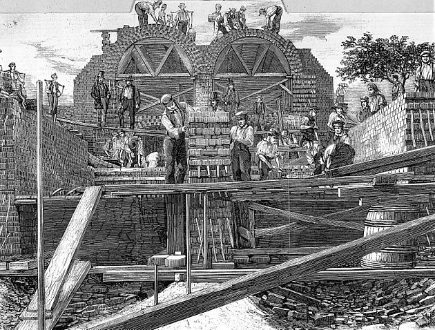 Stavba londýnské kanalizace. Začala v reakci na zhoršující se zápach řeky a takzvané Shnilé léto roku 1858.