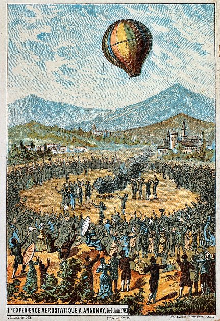 Vůbec první veřejné předvedení balónového letu v Annonay, středa 4. června 1783. Balón v tomto případě ještě nikoho nenesl