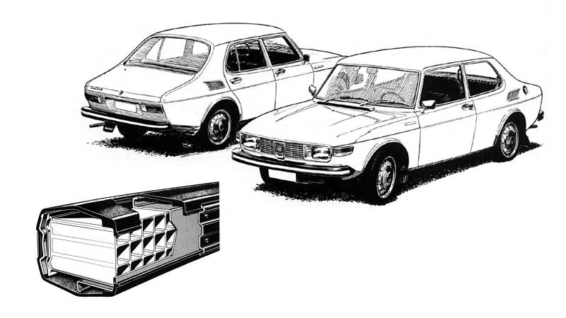 Náraz absorbující nárazníky. Plastové nárazníky, které při poškození do rychlosti 8 km/h absorbují náraz a samy se vrátí do původního stavu, představil Saab v roce 1971. Tyto nárazníky nepotřebovaly opravit a po nárazu vypadaly nedotčené.