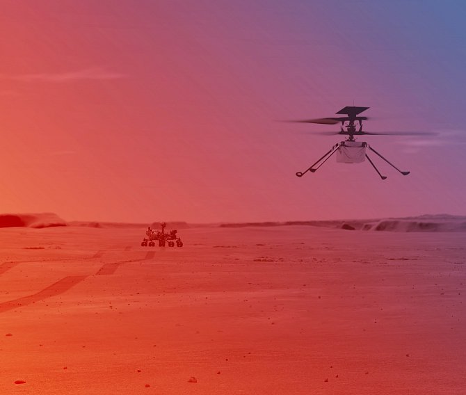 Simulace helikoptéry Ingenuity na Marsu.