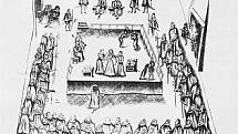 Dobový nákres popravy Marie Stuartovny