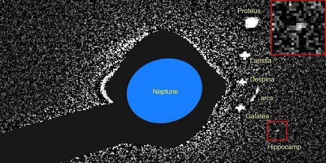 Planeta Neptun a jeho měsíce zachycené Hubbleovým kosmickým dalekohledem v roce 2004. Hippocamp (v červeném čtverci)
