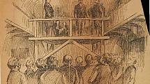 Poprava Henry Howarda Holmese, prvního amerického sériového vraha, zobrazená v dobových novinách.