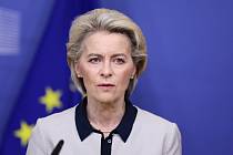 Předsedkyně Evropské komise Ursula von der Leyenová na tiskové konferenci k chystaným sankcím EU proti Rusku, 24. února 2022