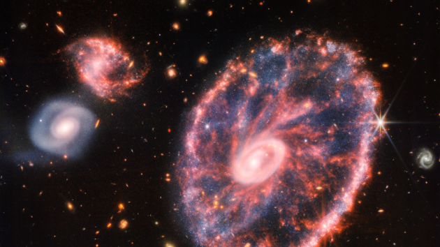 Snímek zachycený pomocí kamery NIRCam i nástrojem MIRI ukazuje velkou galaxii připomínající kolo od vozu. Doprovází ji dvě menší spirální galaxie přibližně stejné velikosti.