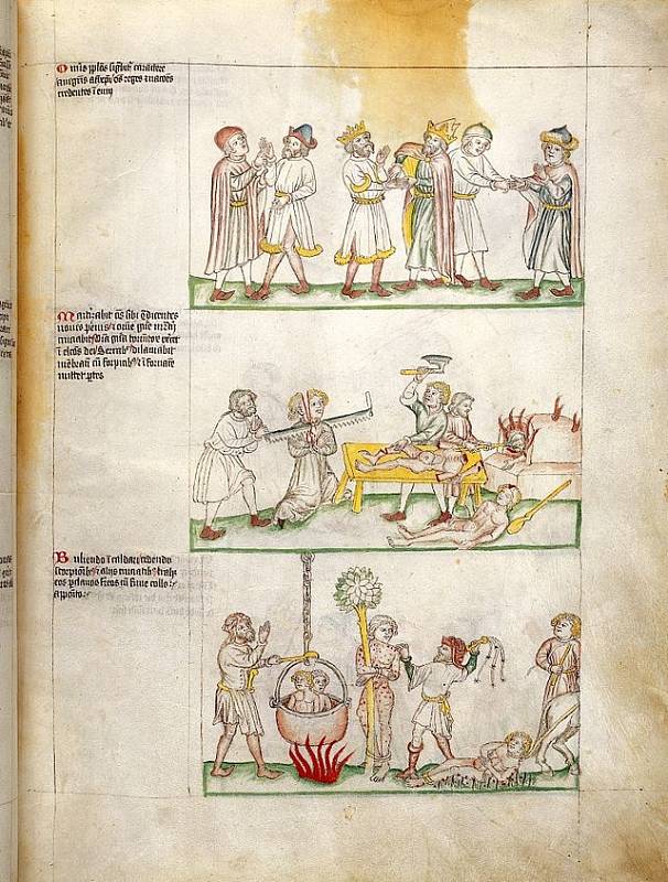 Manuskript Život Antikrista - iluminace zachycující mučení těch, jež v Antikrista nevěří