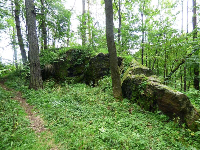 Stopy hradu v lese za obcí