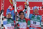 Stupně vítězů. Zleva stříbrný Ital Pater Fill, zlatý Švýcar Didier Cuche a bronzový Nor Aksel Lund Svindal.