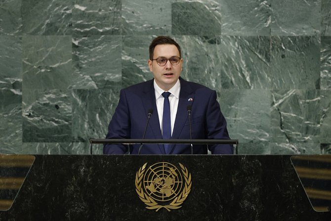 Český ministr zahraničí Jan Lipavský hovoří na zasedání Valného shromáždění OSN v New Yorku