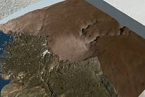 Kráter Hiawatha v Grónsku. Prohlubeň je zhruba uprostřed snímku, jde o kruh bleděhnědé barvy. Snímek je simulací, ve skutečnosti je kráter překrytý vrstvou ledu.