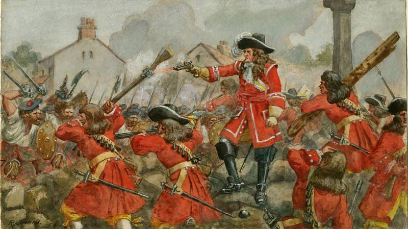V roce 1689 vypuklo v Británii jakobitské povstání, po němž přetrvávaly nepokoje na Skotské vysočině. Na obraze obrana Dunkeldu v roce 1689