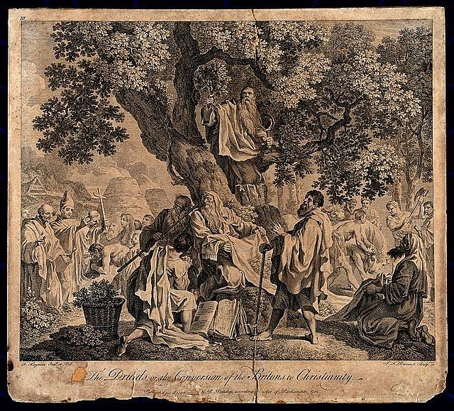 Druidové během obracení Britů na křesťanství, gravírovaná rytina od S. F. Raveneta (1752) podle F. Haymana