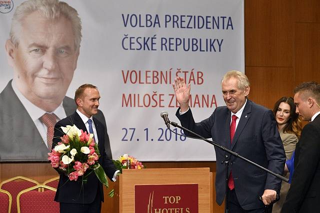 Prezident Miloš Zeman hovoří na tiskové konferenci v TOP Hotelu Praha, poté co byl 27. ledna 2018 oznámen výsledek druhého kola prezidentských voleb. Zeman byl zvolen i na další funkční období.