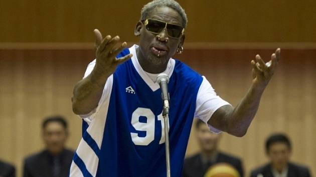 Dennis Rodman před exhibicí v Pchjongjangu. 