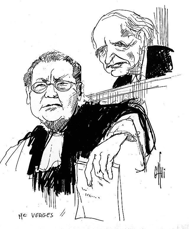 Jacques Vergès a Klaus Barbie během procesu na skice soudního kreslíře