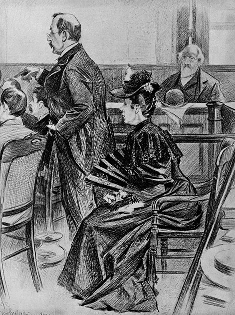 Lizzie Bordenová během procesu ve skice kreslíře ze soudní síně Benjamina Westa Clinedinsta