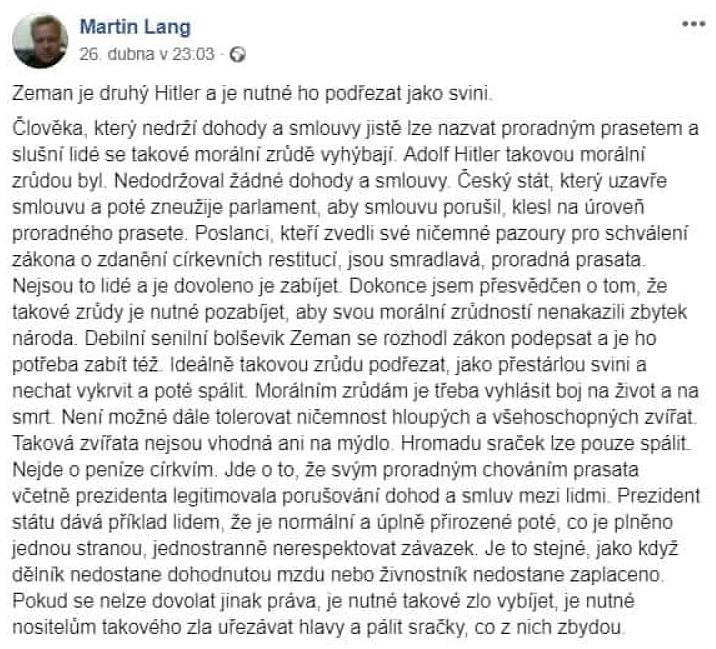 Tento status napsal předseda jesenické ODS Martin Lang na facebook.