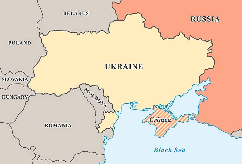 Poloostrov Krym (vyšrafované území) je předmětem sporu mezi Ukrajinou a Ruskem. Rusové ho považují od roku 2014 za své území.