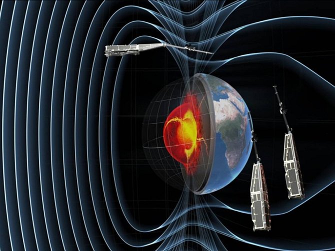 Ze severoruského kosmodromu Pleseck odstartovala trojice evropských satelitů Swarm (na vizualizaci), které mají z oběžné dráhy měřit magnetické pole Země. Na vývoji družic Evropské kosmické agentury (ESA) se podíleli i čeští vědci.