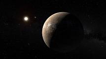 Umělecká představa exoplanety Proxima Centauri b. Mohlo by jít o vyprahlou (ale ne zcela bezvodou) skalnatou Super-Zemi