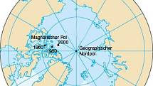 Poloha severního magnetického pólu letech 1960, 1980 a 2000