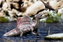 Jedna z ilustrací zobrazujících, jak mohl spinosaurus lovit ve vodě. Tento obrázek je zobrazením lovu, jak si jej představuje druhý názorový proud vědců. Podle nich spinosaurus pouze ve vodě stál, ovšem nepronásledoval kořist pod hladinou.