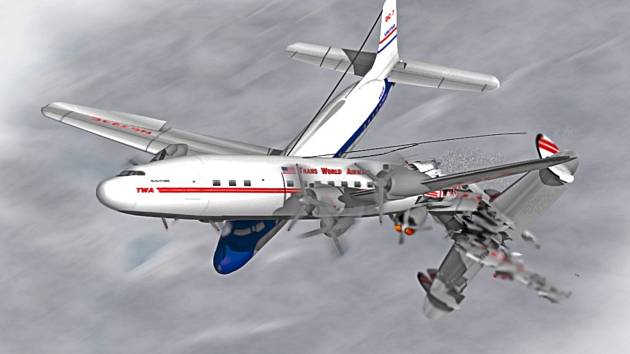 Vizualizace srážky dvou letadel nad americkým Grand Canyonem v roce 1956. Celkem zemřelo 128 lidí. Letadlo společnosti United Airlines při nárazu levým křídlem odseklo ocas letadla společnosti TWA. Oba stroje se staly neovladatelnými a ve vysoké rychlosti