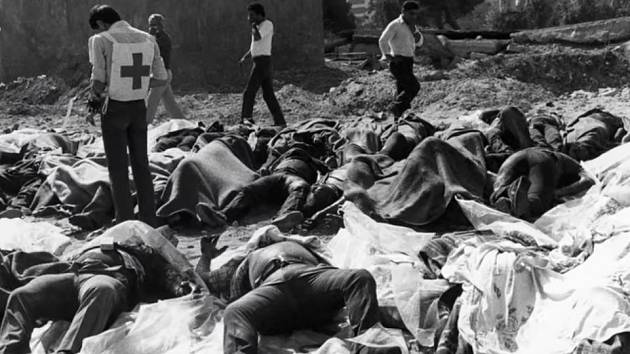 Masakr v Sabře a Šatíle. Ve dnech 16. až 18. září 1982 bylo v těchto uprchlických táborech v Bejrútu povražděno několik set palestinských Arabů