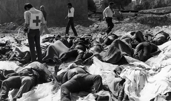 Masakr v Sabře a Šatíle. Ve dnech 16. až 18. září 1982 bylo v těchto uprchlických táborech v Bejrútu povražděno několik set palestinských Arabů
