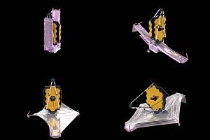 Rozvinutí komponentů vesmírného teleskopu Jamese Webba na počítačové animaci NASA
